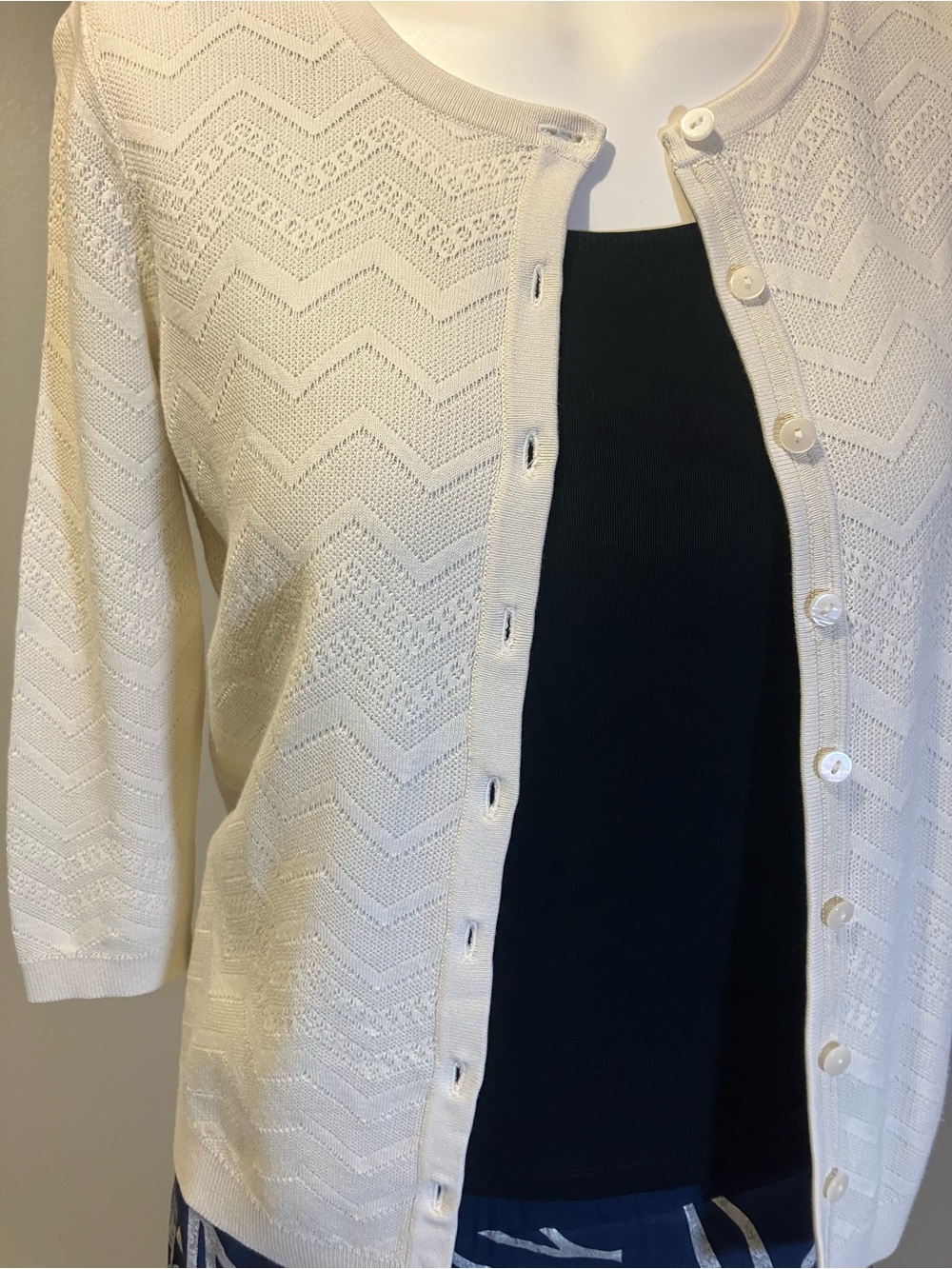 Talbots Petites Cream Chevron Pointelle Knit Cardigan Sweater - Medium Petite